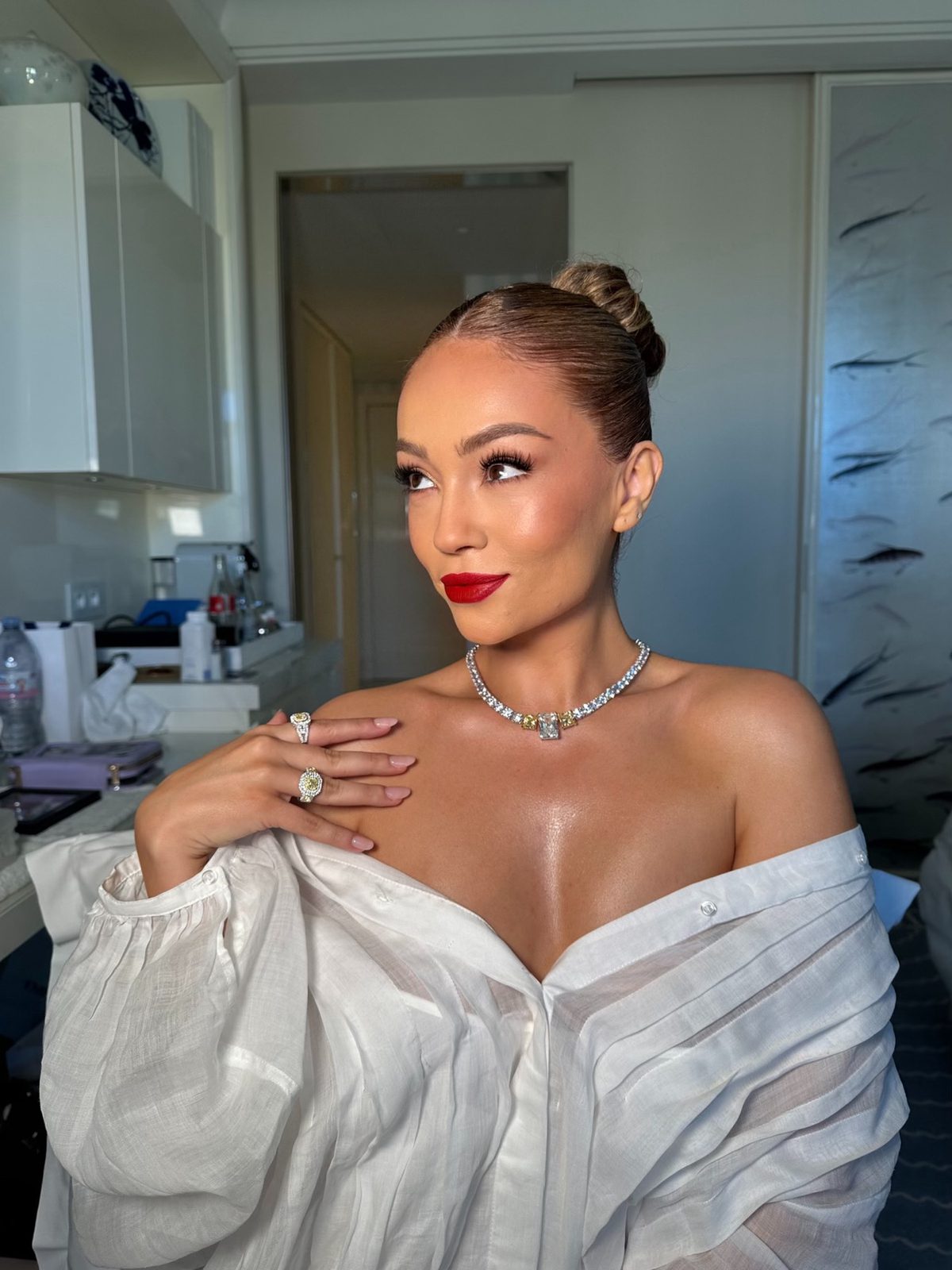White ruffle look with a classic red lip, occasion makeup by Andrada Rusu