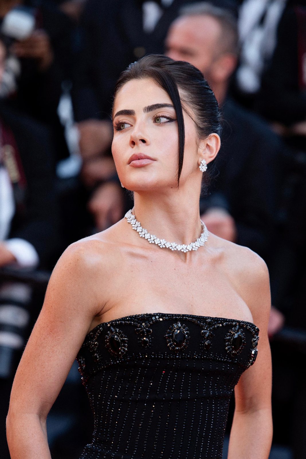 Black embellished gown on the Cannes red carpet, hair and makeup by Andrada Rusu
