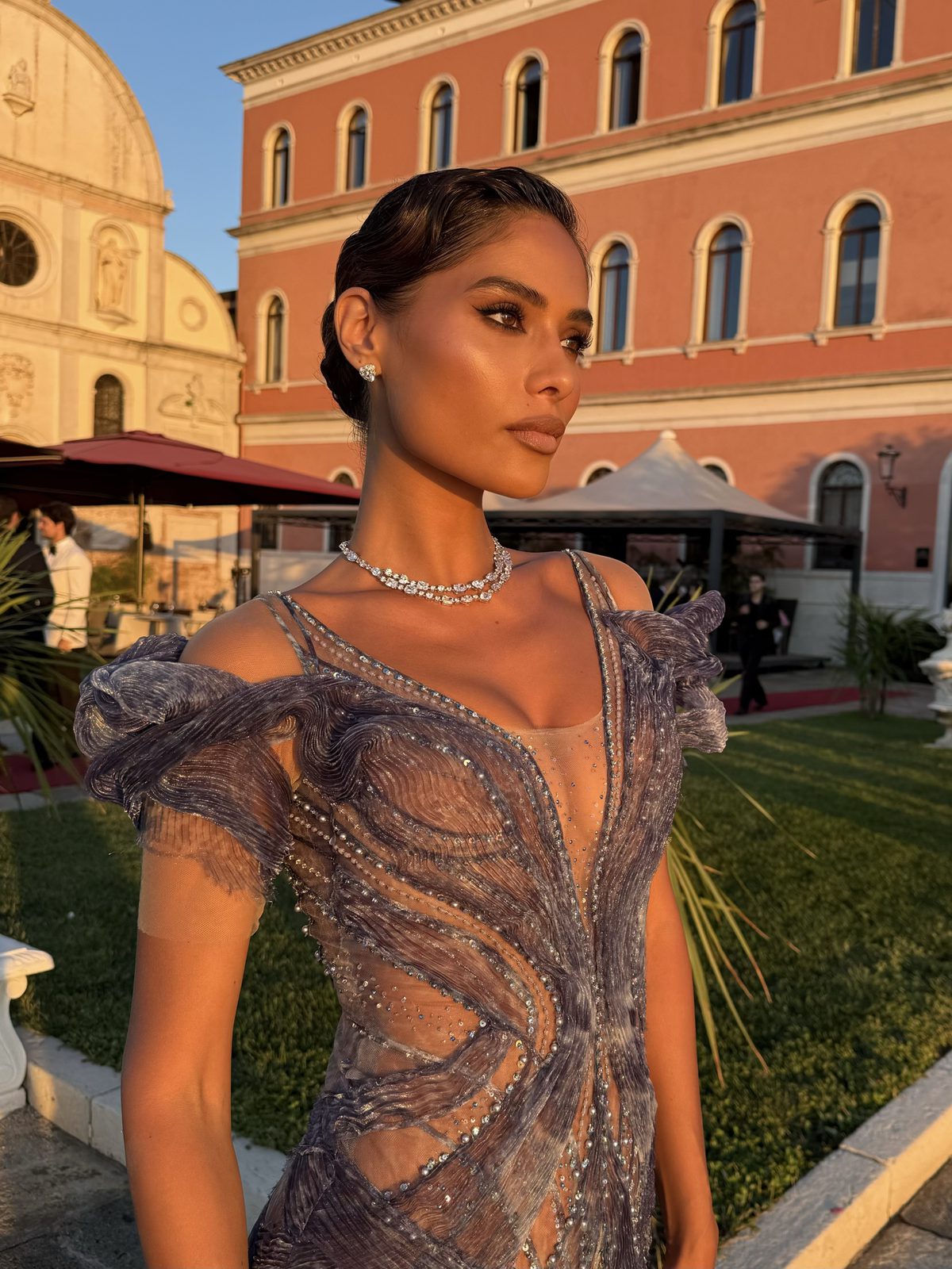 Lilac embellished gown at the Hotel Excelsior on the Venice Lido, hair and makeup by Andrada Rusu