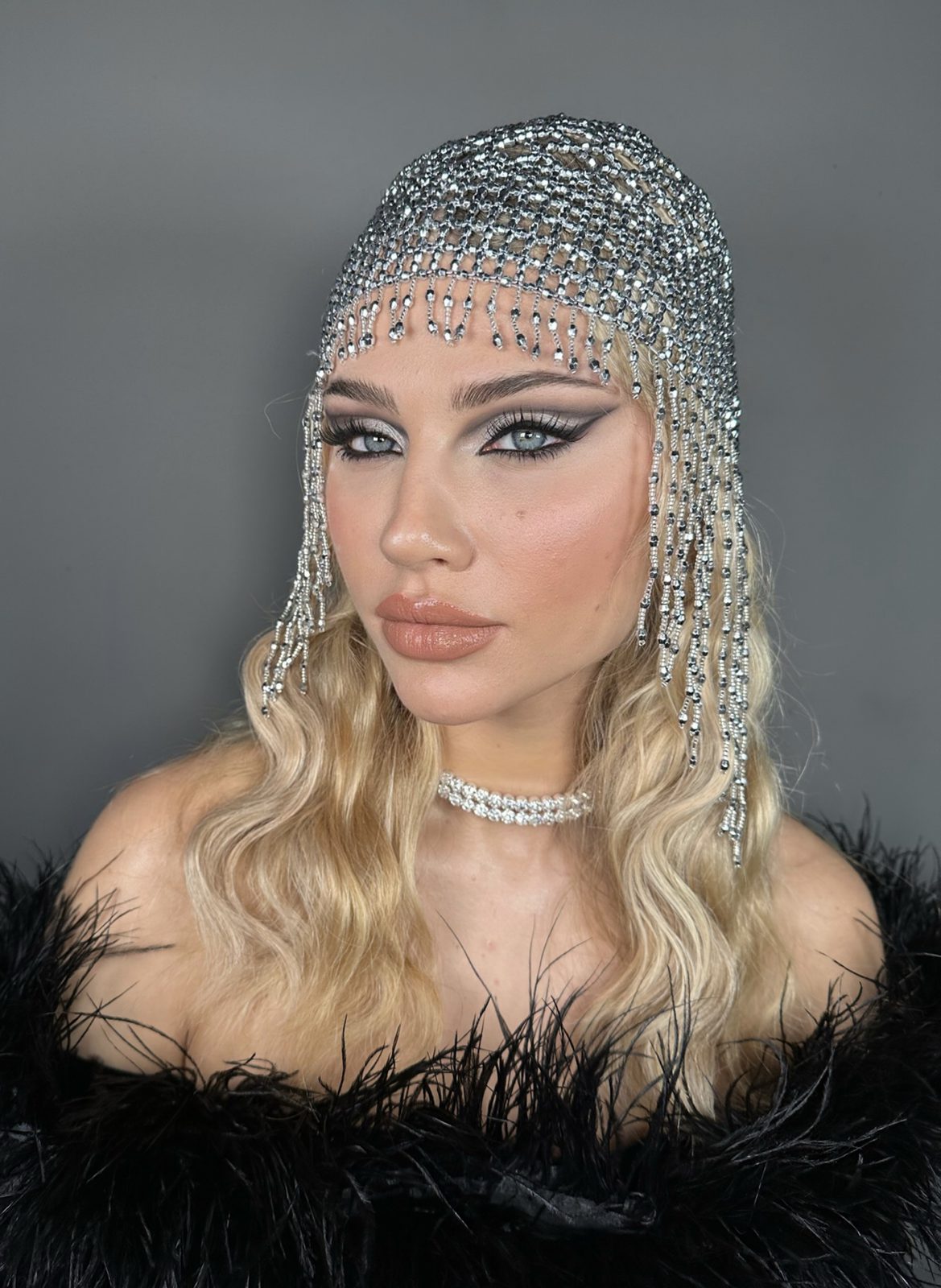 Crystal cap avant-garde editorial look, makeup by Andrada Rusu