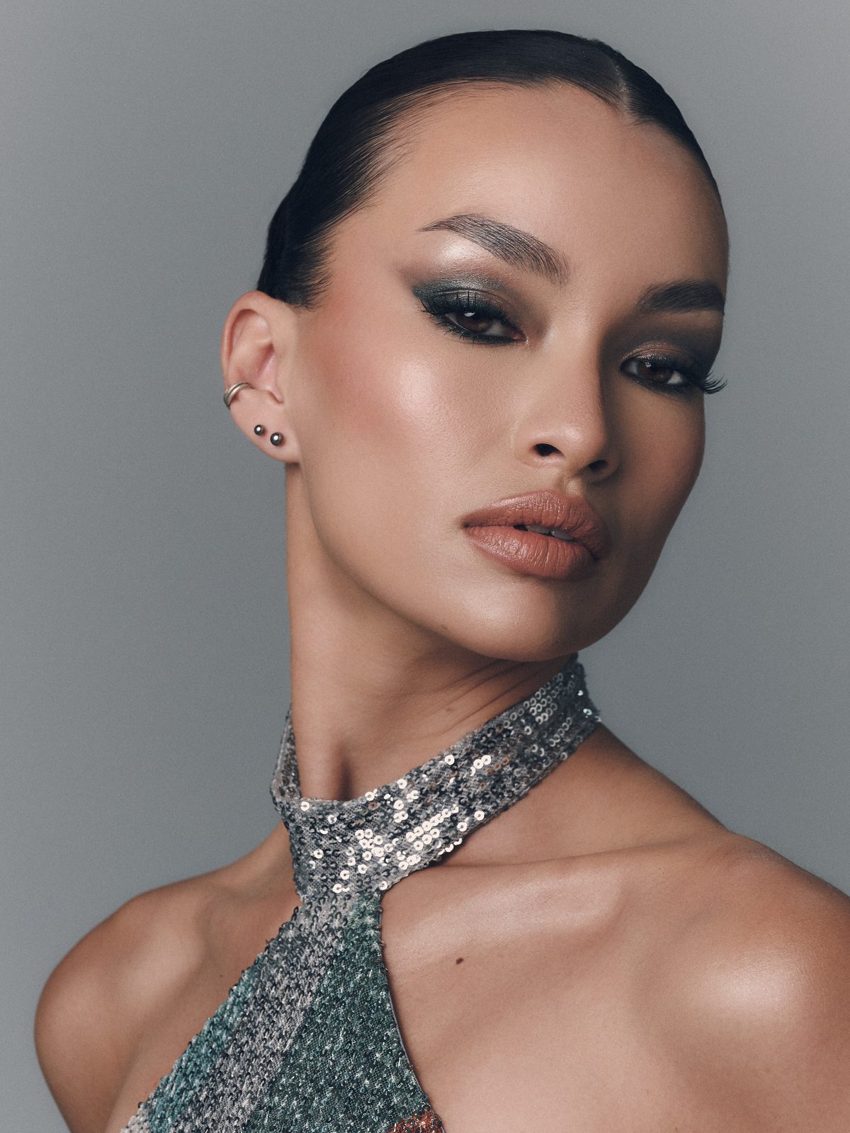 Sequin halter, editorial profile, hair and makeup by Andrada Rusu