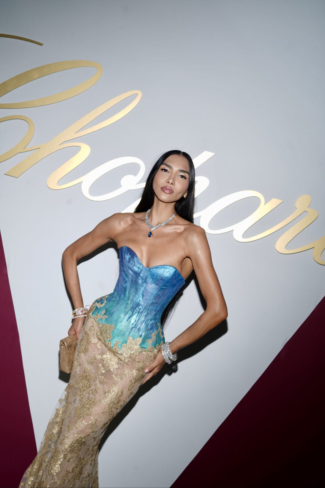 Gown at Chopard in Cannes, makeup by Andrada Rusu